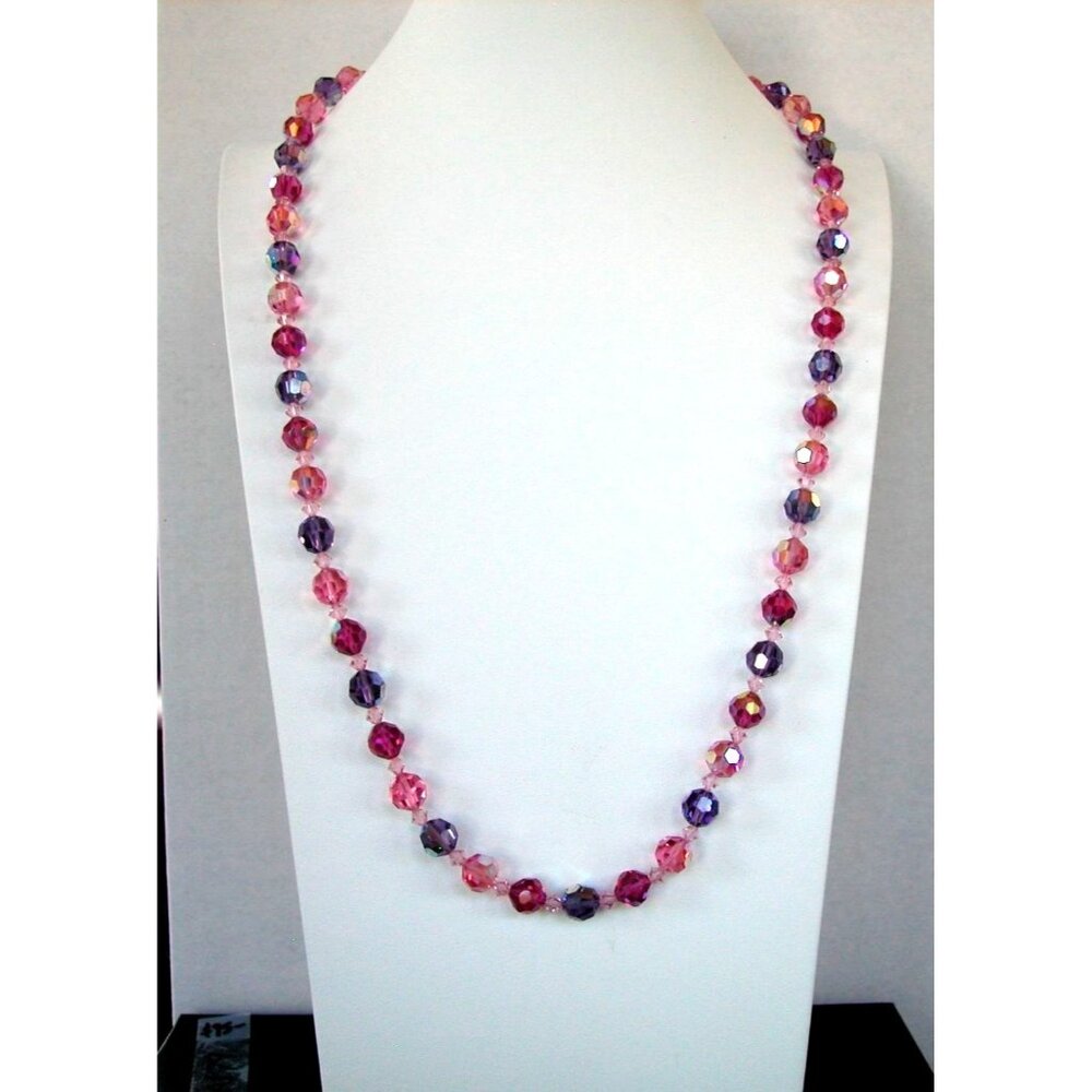 Vintage Pink & Purple Crystal Beaded Necklace 30" / Gold Rose Clasp